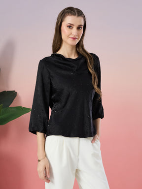 Latin Quarters Women's Black Embellished 3/4th Sleeve Cowl Neck Party Top