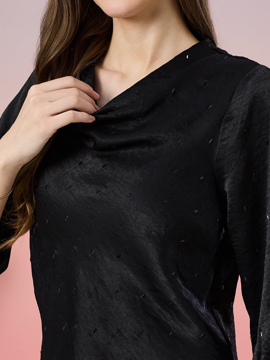 Latin Quarters Women's Black Embellished 3/4th Sleeve Cowl Neck Party Top