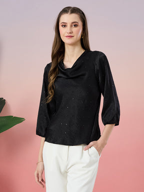 Latin Quarters Women's Black Embellished 3/4th Sleeve Cowl Neck Party Top