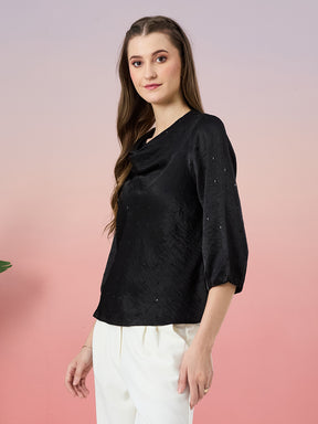 Latin Quarters Women's Black Embellished 3/4th Sleeve Cowl Neck Party Top