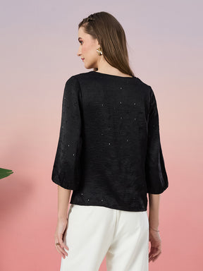 Latin Quarters Women's Black Embellished 3/4th Sleeve Cowl Neck Party Top