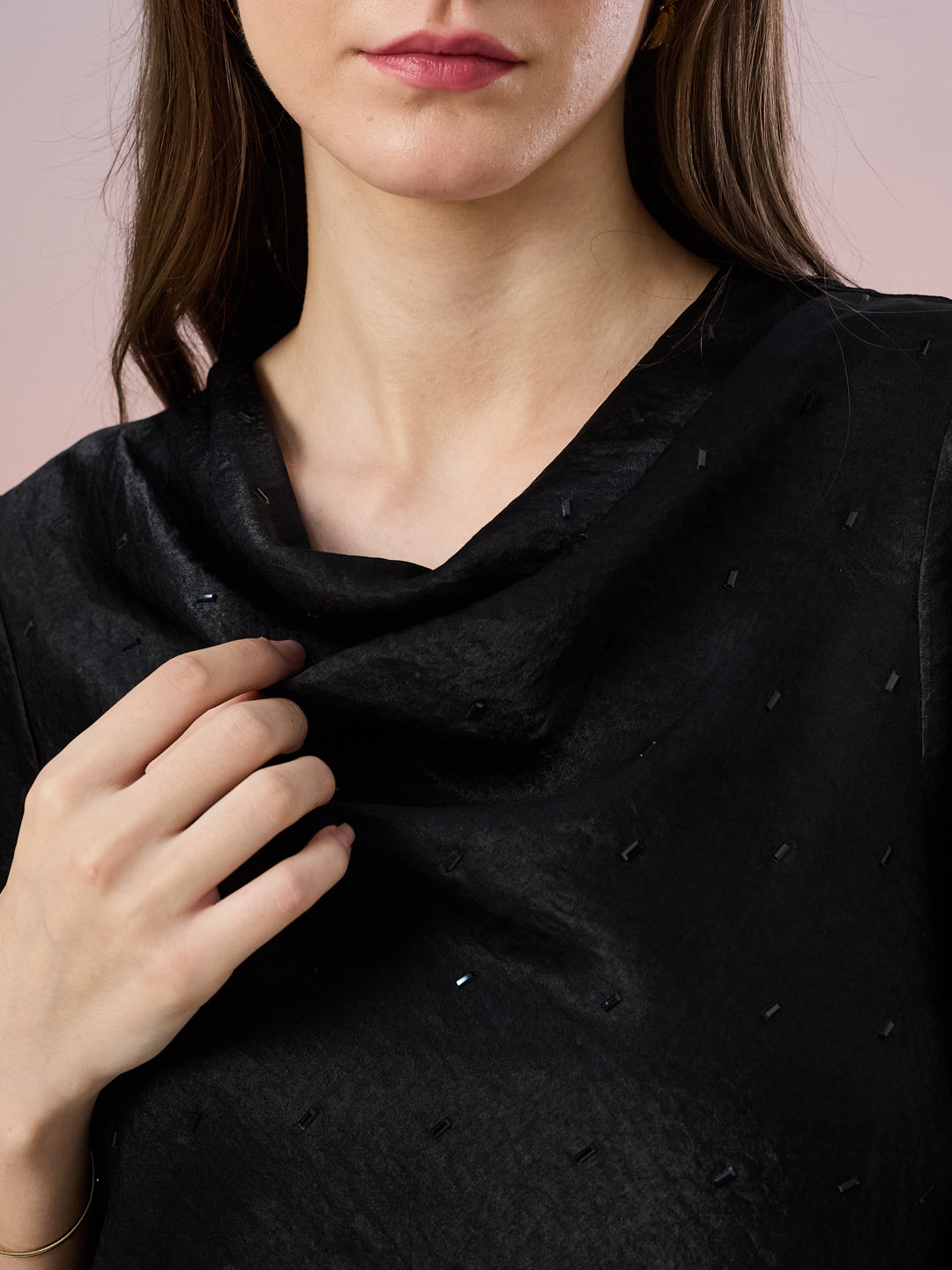 Latin Quarters Women's Black Embellished 3/4th Sleeve Cowl Neck Party Top