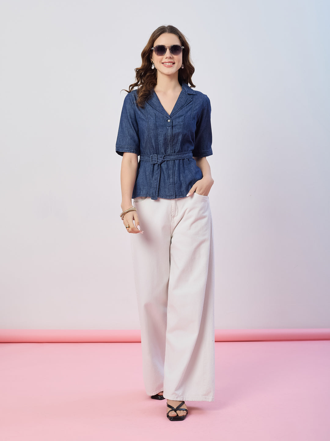 Latin Quarters Women's Blue Solid Half Sleeves Collar Neck Casual Top