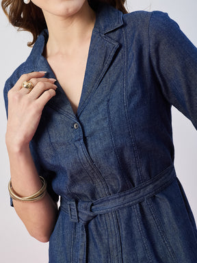 Latin Quarters Women's Blue Solid Half Sleeves Collar Neck Casual Top