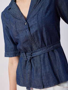 Latin Quarters Women's Blue Solid Half Sleeves Collar Neck Casual Top