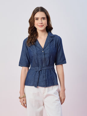 Latin Quarters Women's Blue Solid Half Sleeves Collar Neck Casual Top