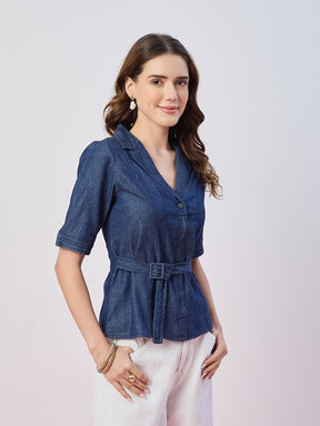 Latin Quarters Women's Blue Solid Half Sleeves Collar Neck Casual Top