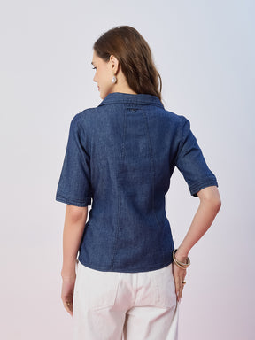 Latin Quarters Women's Blue Solid Half Sleeves Collar Neck Casual Top