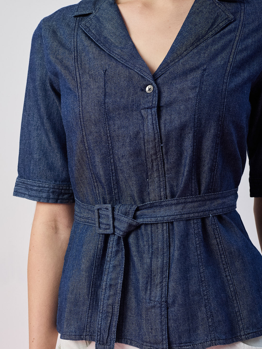 Latin Quarters Women's Blue Solid Half Sleeves Collar Neck Casual Top