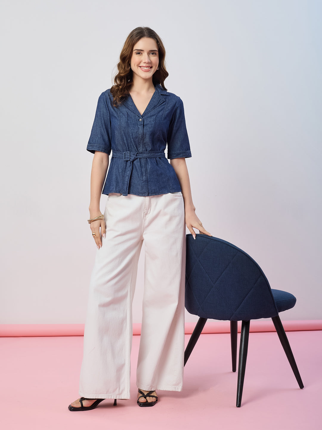 Latin Quarters Women's Blue Solid Half Sleeves Collar Neck Casual Top
