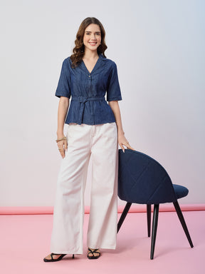 Latin Quarters Women's Blue Solid Half Sleeves Collar Neck Casual Top