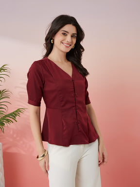 Latin Quarters Women's Maroon Solid V-Neck Half Sleeves Casual Top