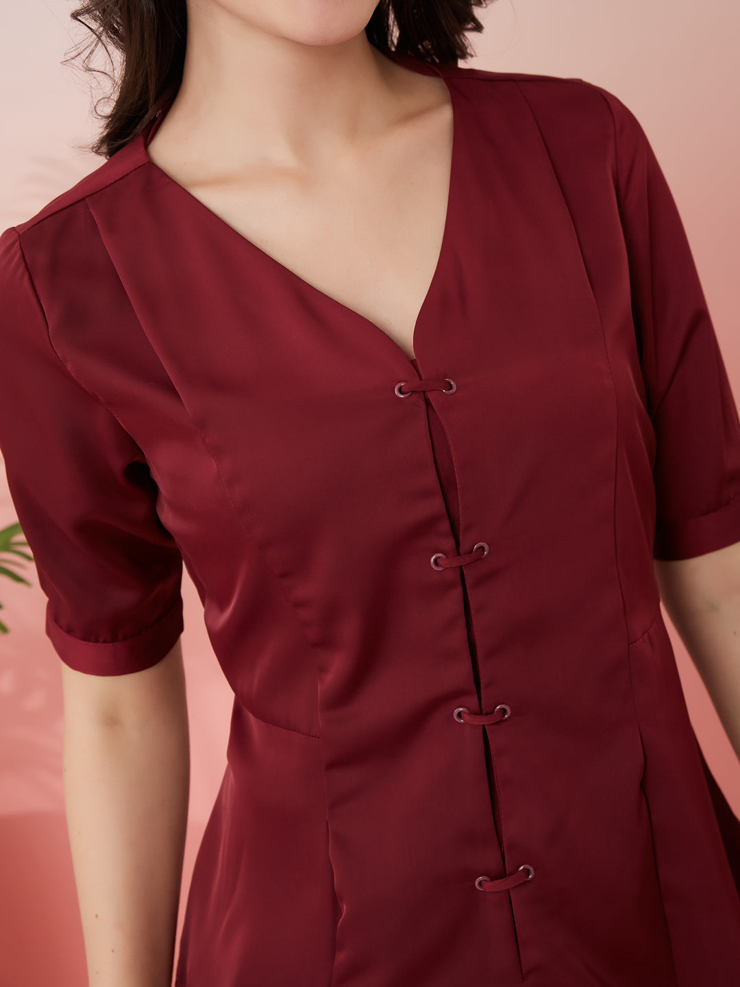 Latin Quarters Women's Maroon Solid V-Neck Half Sleeves Casual Top
