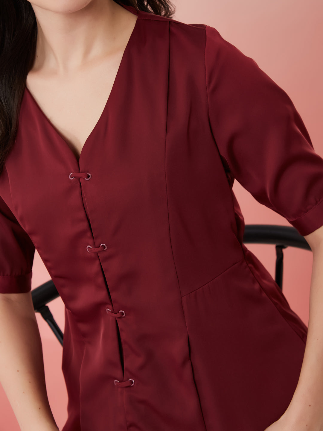 Latin Quarters Women's Maroon Solid V-Neck Half Sleeves Casual Top
