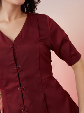 Latin Quarters Women's Maroon Solid V-Neck Half Sleeves Casual Top