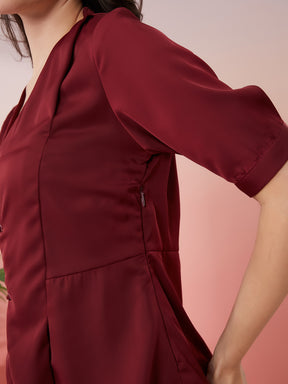 Latin Quarters Women's Maroon Solid V-Neck Half Sleeves Casual Top
