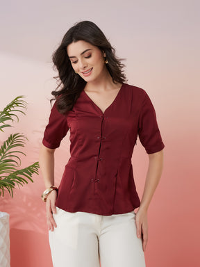 Latin Quarters Women's Maroon Solid V-Neck Half Sleeves Casual Top