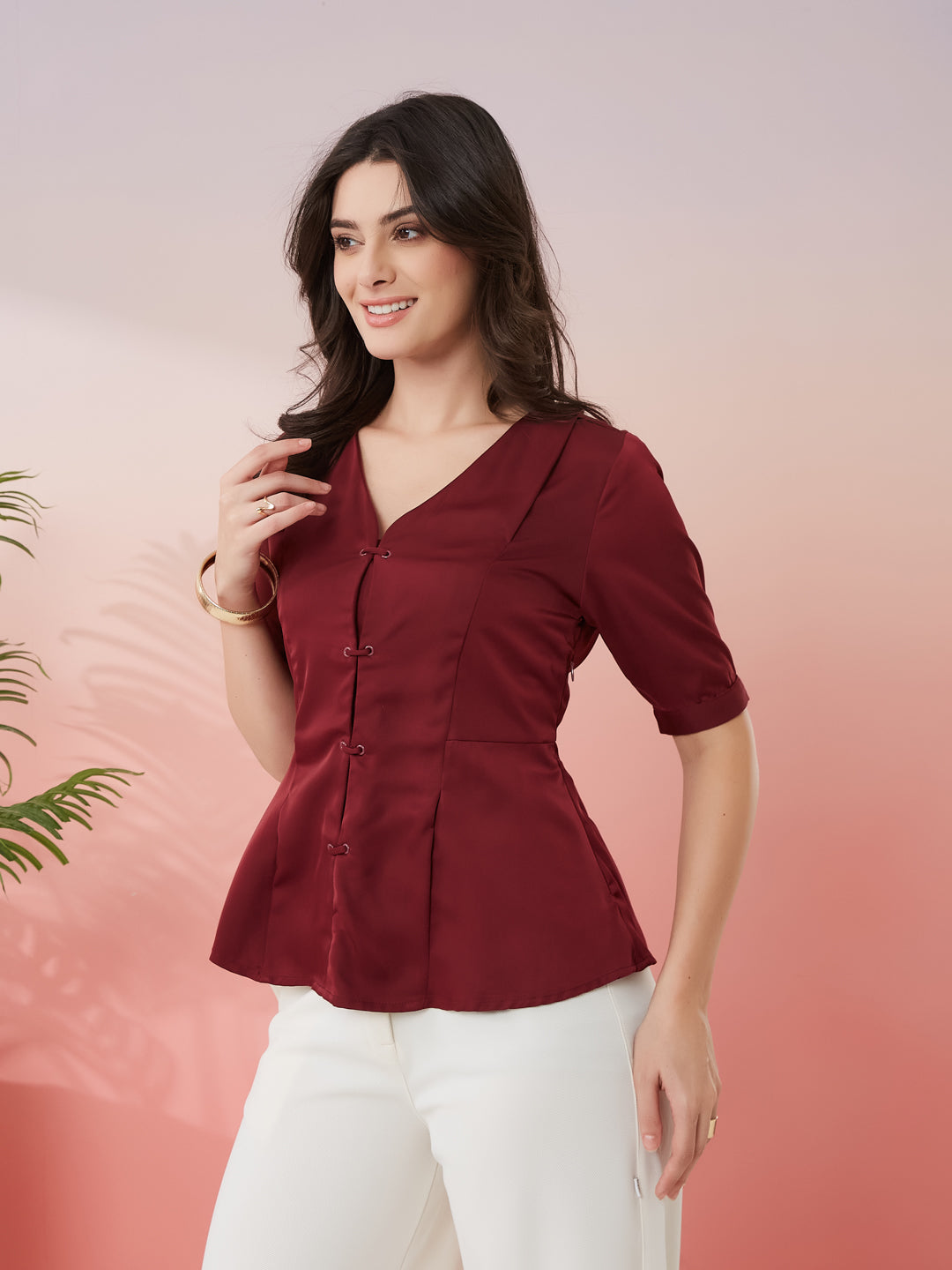 Latin Quarters Women's Maroon Solid V-Neck Half Sleeves Casual Top