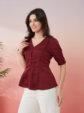 Latin Quarters Women's Maroon Solid V-Neck Half Sleeves Casual Top