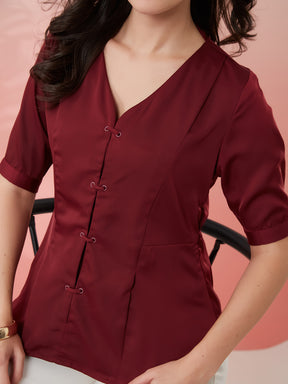 Latin Quarters Women's Maroon Solid V-Neck Half Sleeves Casual Top