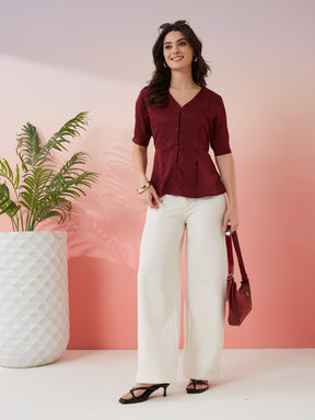 Latin Quarters Women's Maroon Solid V-Neck Half Sleeves Casual Top