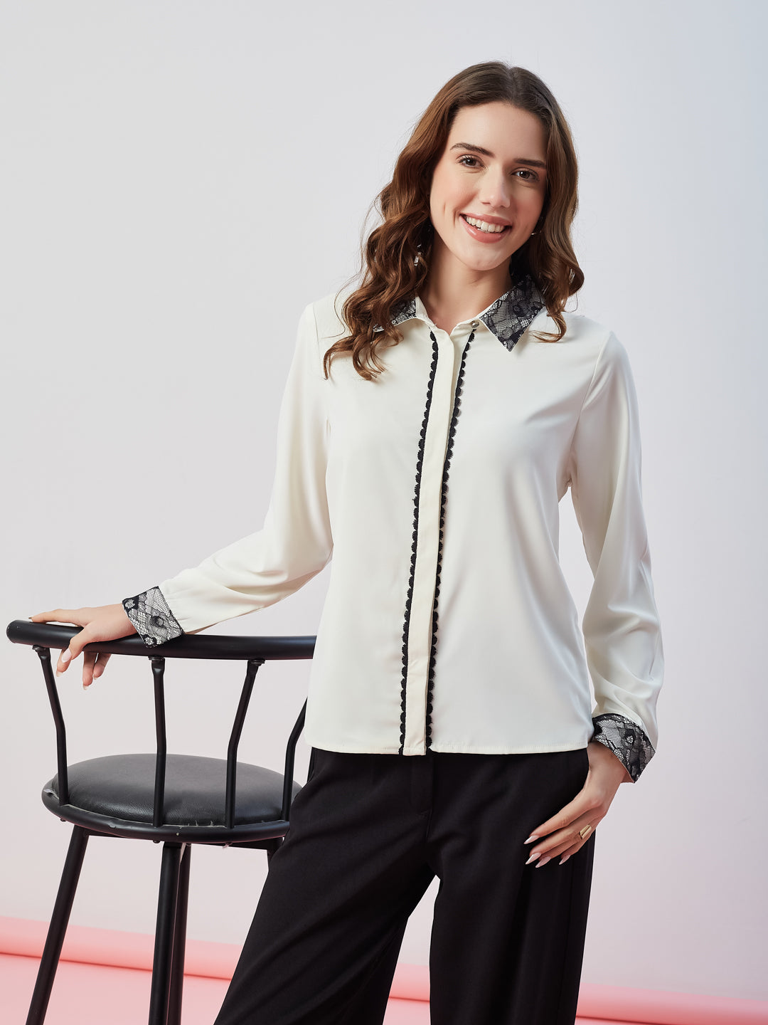 Latin Quarters Women's White Solid Full Sleeves Collar Neck Casual Shirt