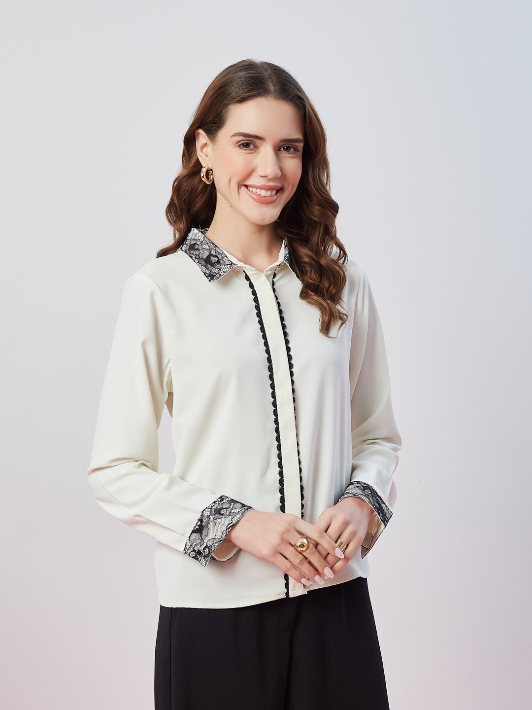 Latin Quarters Women's White Solid Full Sleeves Collar Neck Casual Shirt