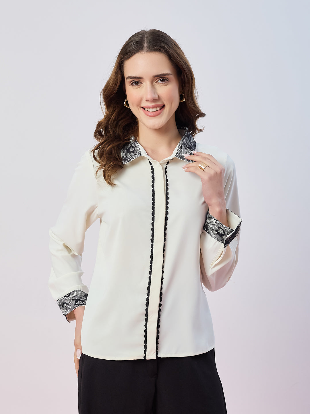 Latin Quarters Women's White Solid Full Sleeves Collar Neck Casual Shirt