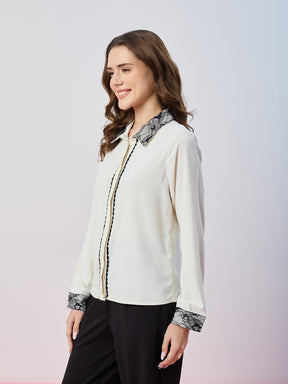Latin Quarters Women's White Solid Full Sleeves Collar Neck Casual Shirt