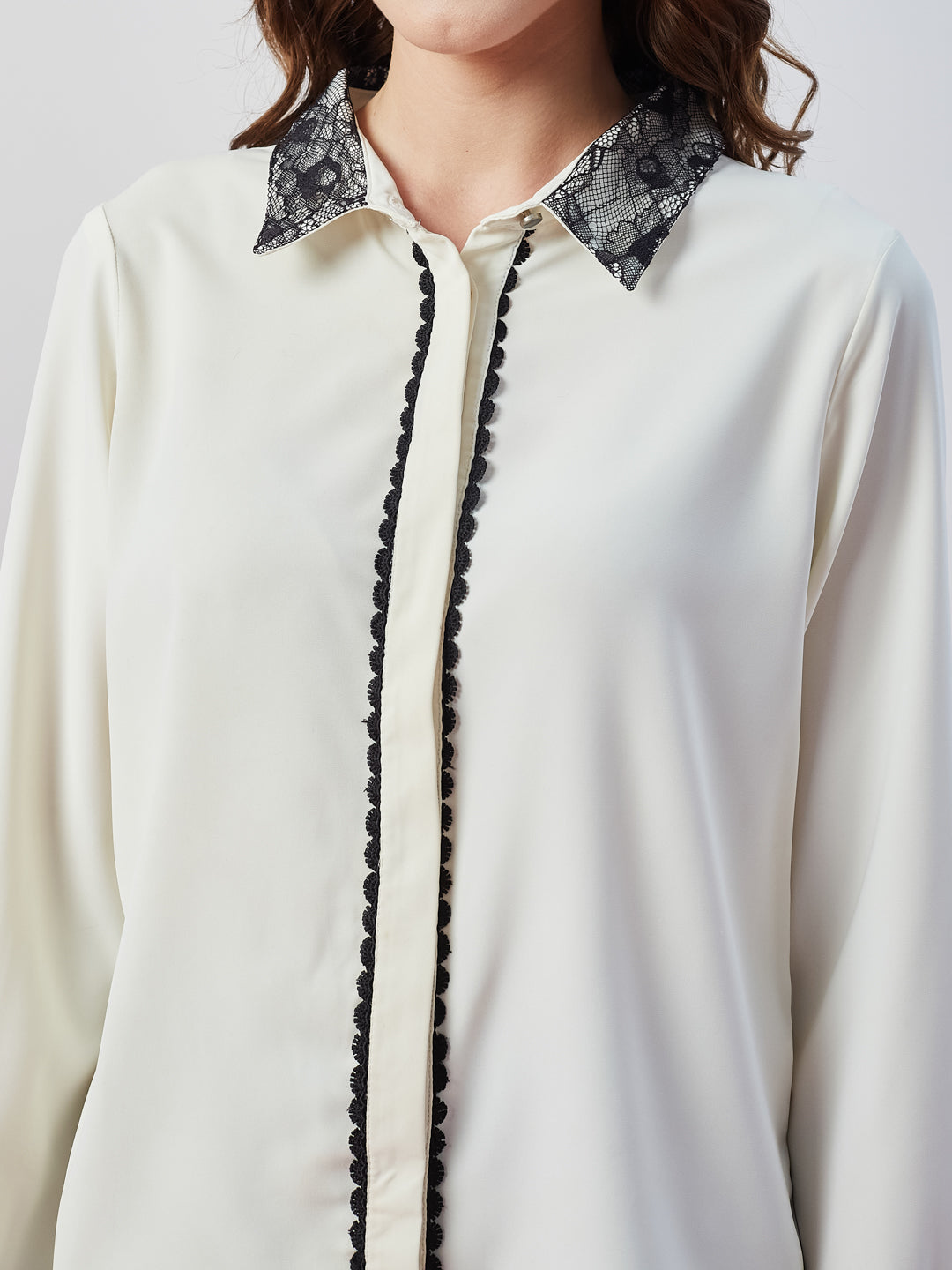 Latin Quarters Women's White Solid Full Sleeves Collar Neck Casual Shirt