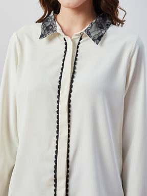 Latin Quarters Women's White Solid Full Sleeves Collar Neck Casual Shirt