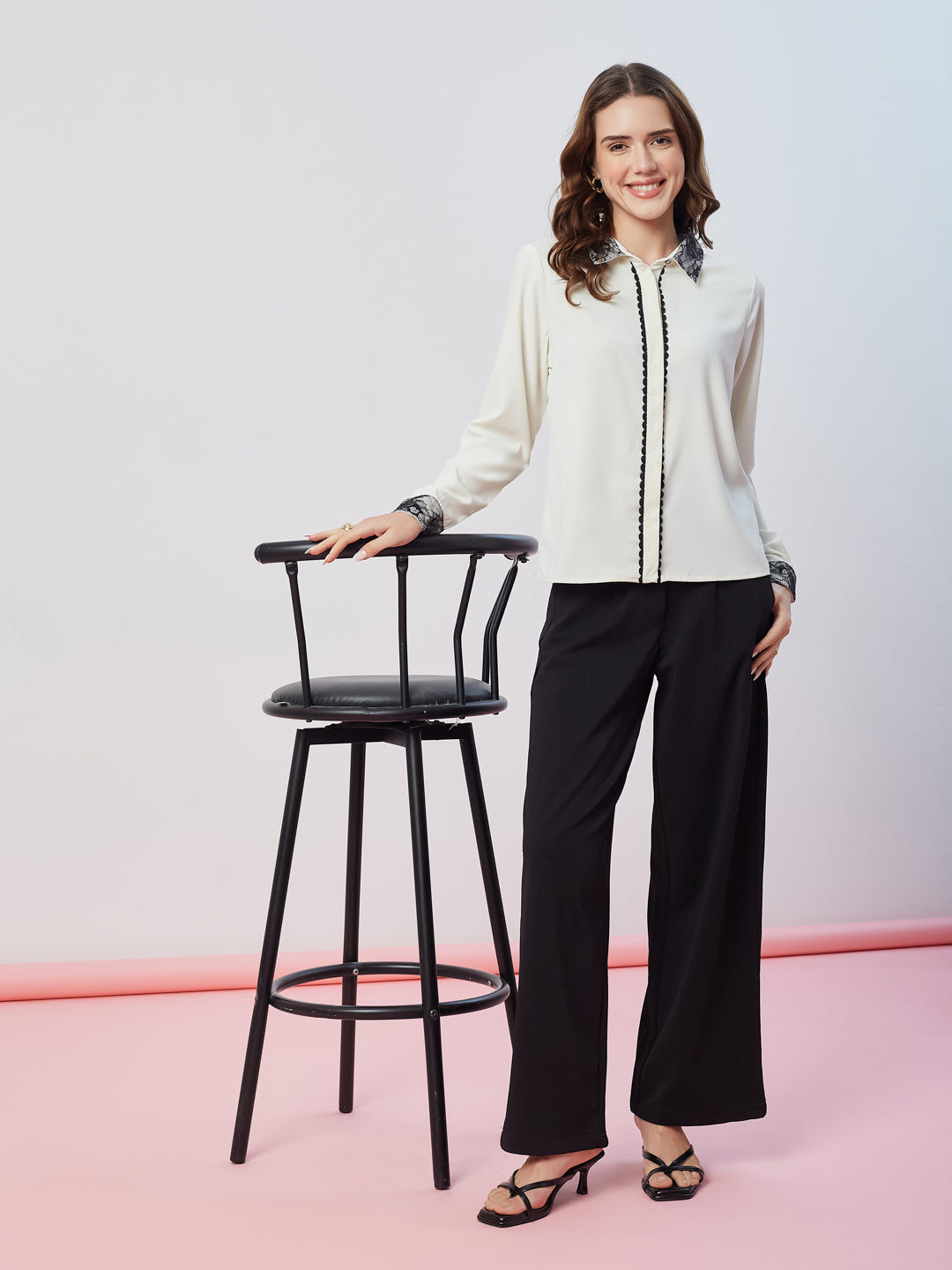 Latin Quarters Women's White Solid Full Sleeves Collar Neck Casual Shirt