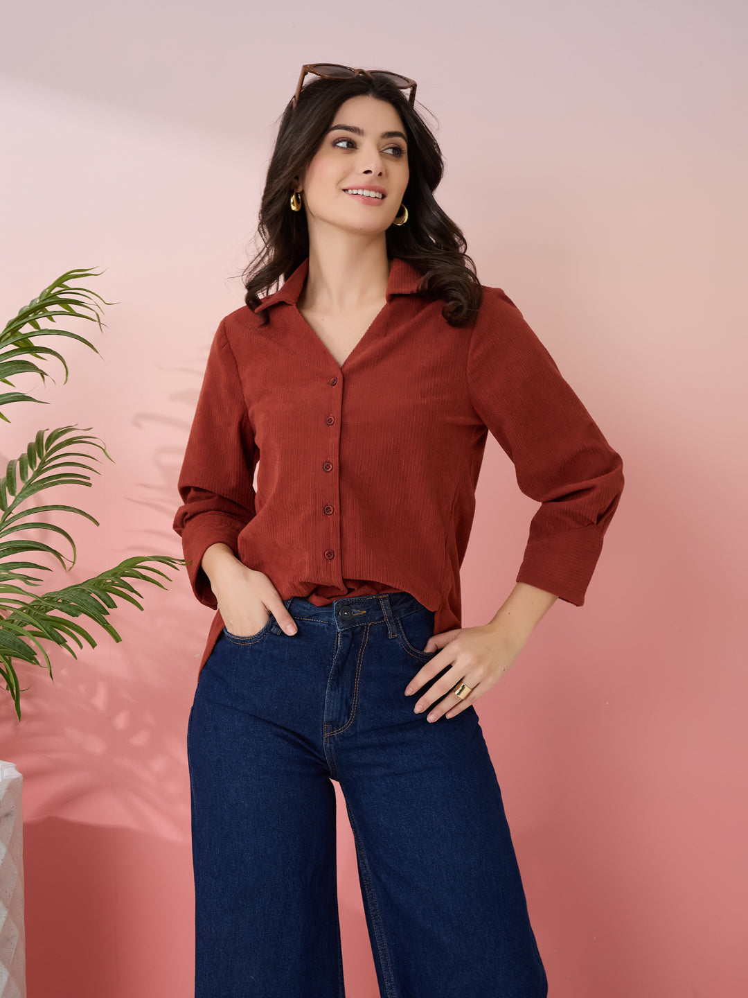 Latin Quarters Women's Rust Solid Collar Neck 3/4th Sleeves Casual Shirt