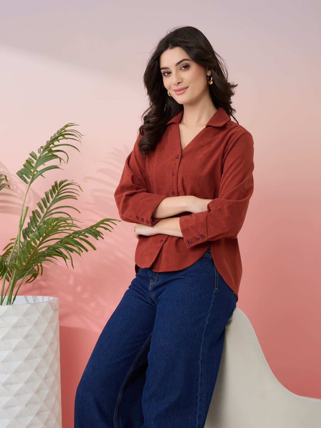 Latin Quarters Women's Rust Solid Collar Neck 3/4th Sleeves Casual Shirt