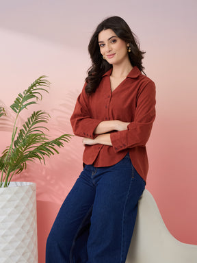 Latin Quarters Women's Rust Solid Collar Neck 3/4th Sleeves Casual Shirt