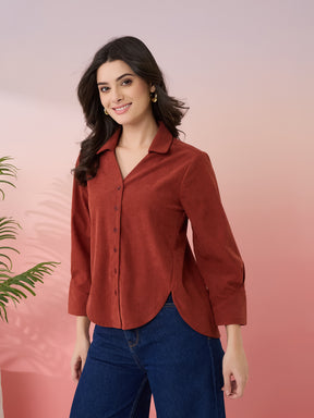 Latin Quarters Women's Rust Solid Collar Neck 3/4th Sleeves Casual Shirt