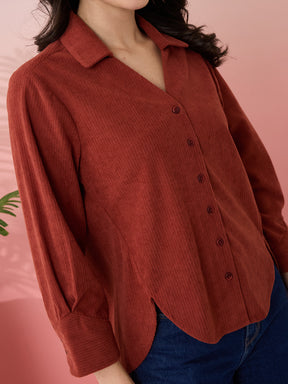 Latin Quarters Women's Rust Solid Collar Neck 3/4th Sleeves Casual Shirt