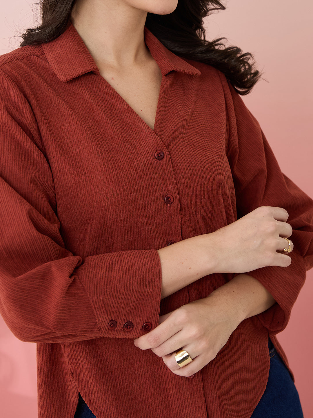 Latin Quarters Women's Rust Solid Collar Neck 3/4th Sleeves Casual Shirt