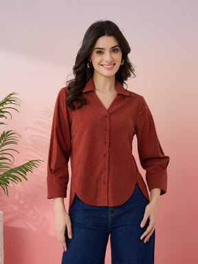 Latin Quarters Women's Rust Solid Collar Neck 3/4th Sleeves Casual Shirt