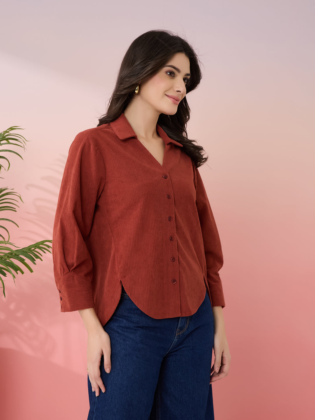 Latin Quarters Women's Rust Solid Collar Neck 3/4th Sleeves Casual Shirt