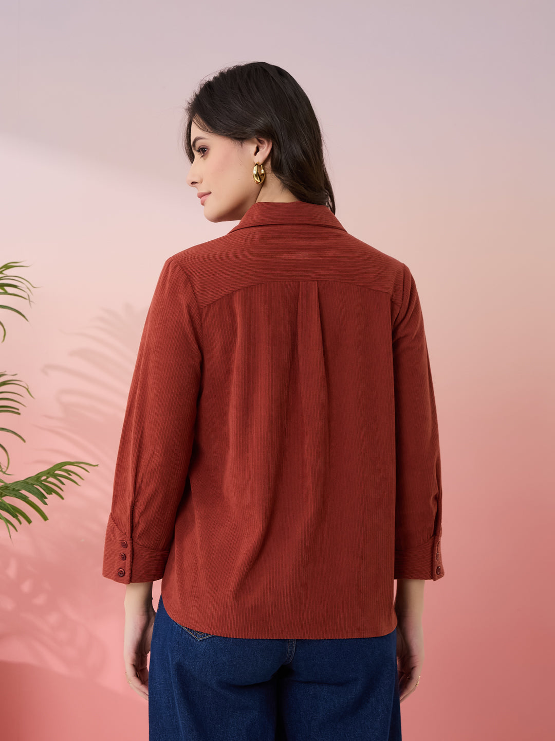 Latin Quarters Women's Rust Solid Collar Neck 3/4th Sleeves Casual Shirt
