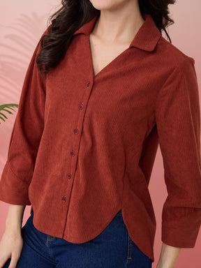 Latin Quarters Women's Rust Solid Collar Neck 3/4th Sleeves Casual Shirt