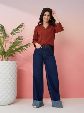 Latin Quarters Women's Rust Solid Collar Neck 3/4th Sleeves Casual Shirt