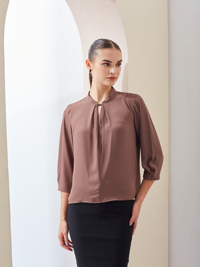 Latin Quarters Women's Brown Solid Mandarin Neck 3/4th Sleeves Casual Top