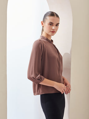Latin Quarters Women's Brown Solid Mandarin Neck 3/4th Sleeves Casual Top