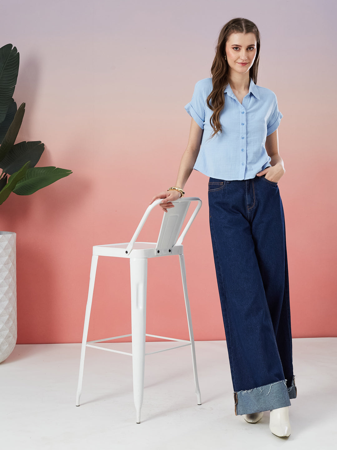 Latin Quarters Women's Blue Solid Cap Sleeve Collar Neck Casual Shirt