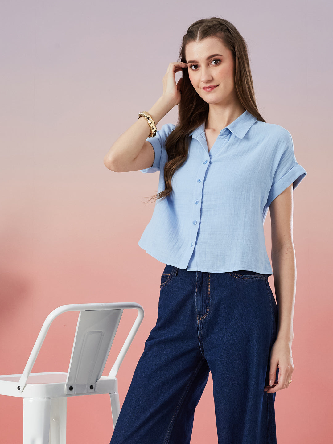Latin Quarters Women's Blue Solid Cap Sleeve Collar Neck Casual Shirt