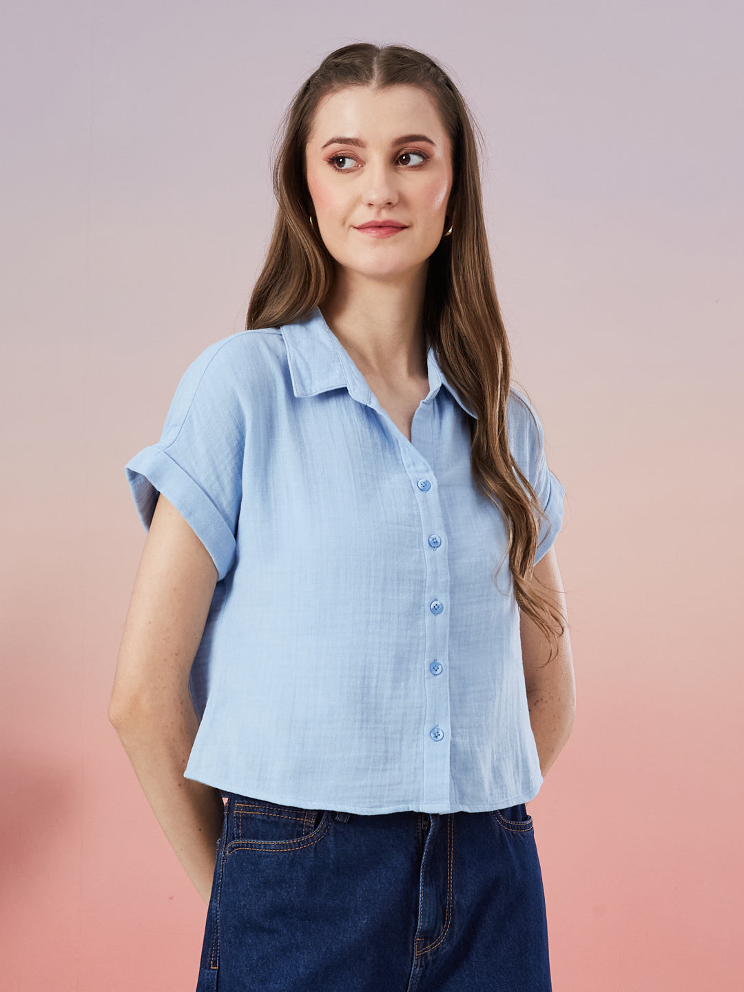 Latin Quarters Women's Blue Solid Cap Sleeve Collar Neck Casual Shirt