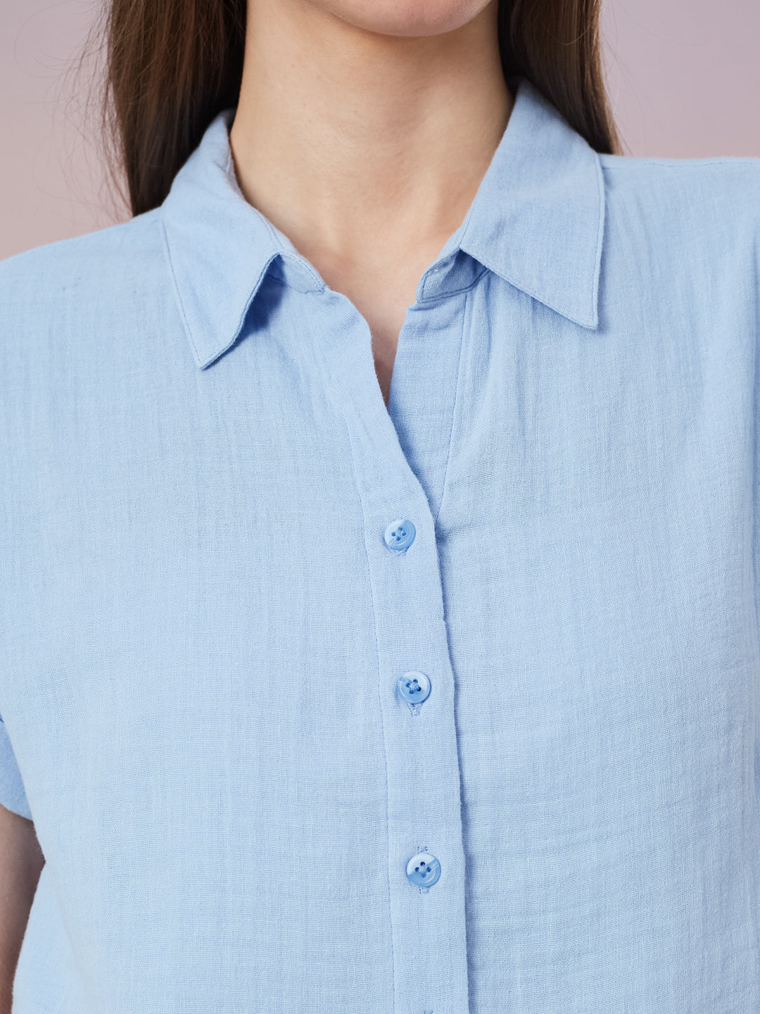 Latin Quarters Women's Blue Solid Cap Sleeve Collar Neck Casual Shirt