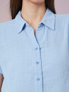 Latin Quarters Women's Blue Solid Cap Sleeve Collar Neck Casual Shirt